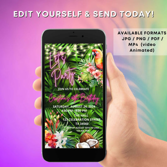 Digital Tropical Birthday Invitation on phone with palm leaves, neon text, editable details. Perfect for any age celebration.