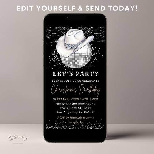 Let's Party Western Hat & Silver Disco Ball Birthday Invite