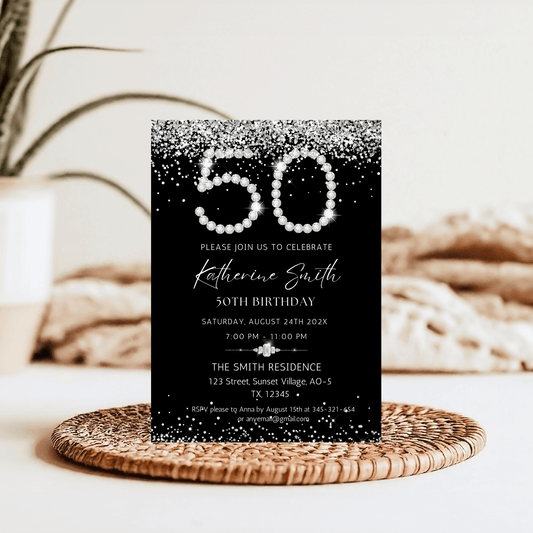 Luxury Silver Glitter 50th Birthday Invitation