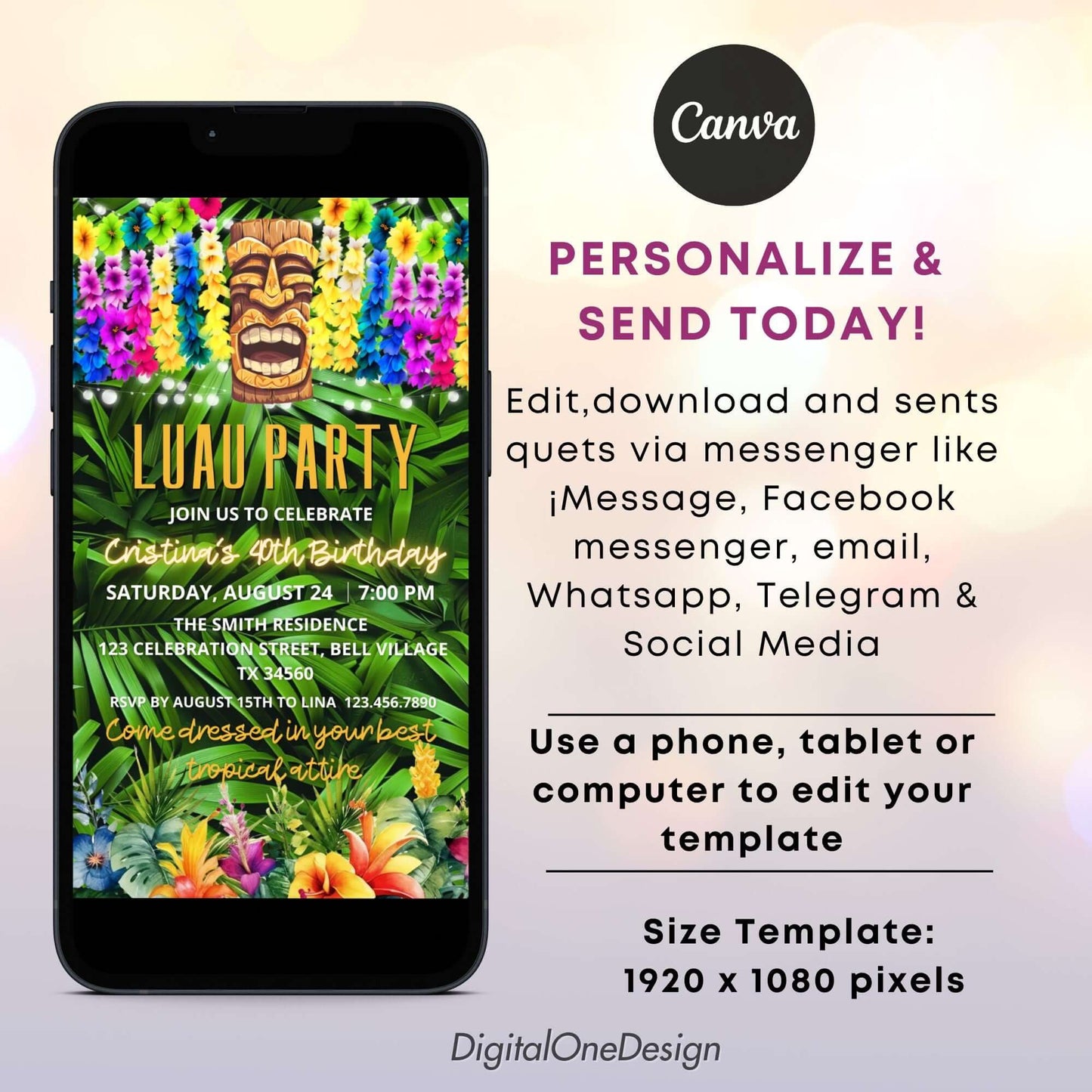 Personalize Luau Party Invitation Editable Template
