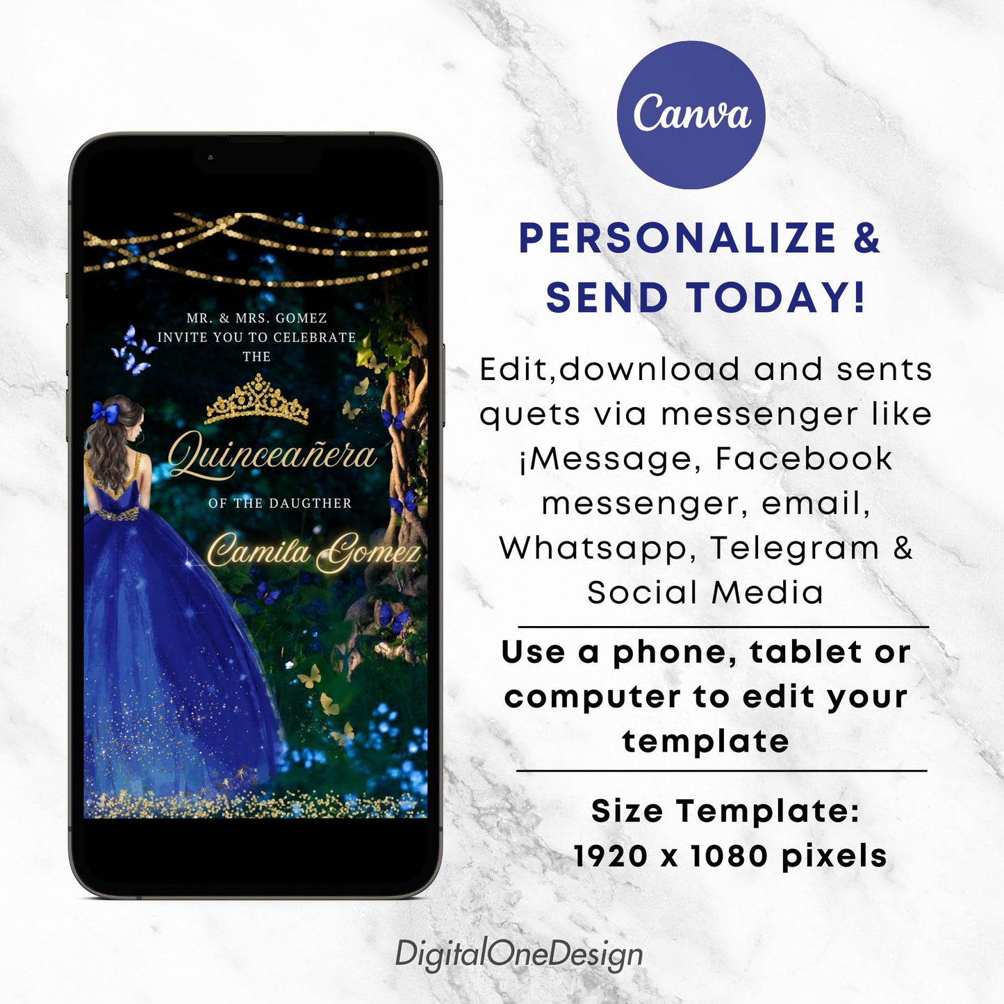 Personalize Navy Blue Princess Mis quince Invitation