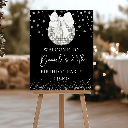 Editable White Bow Disco Ball Party Poster