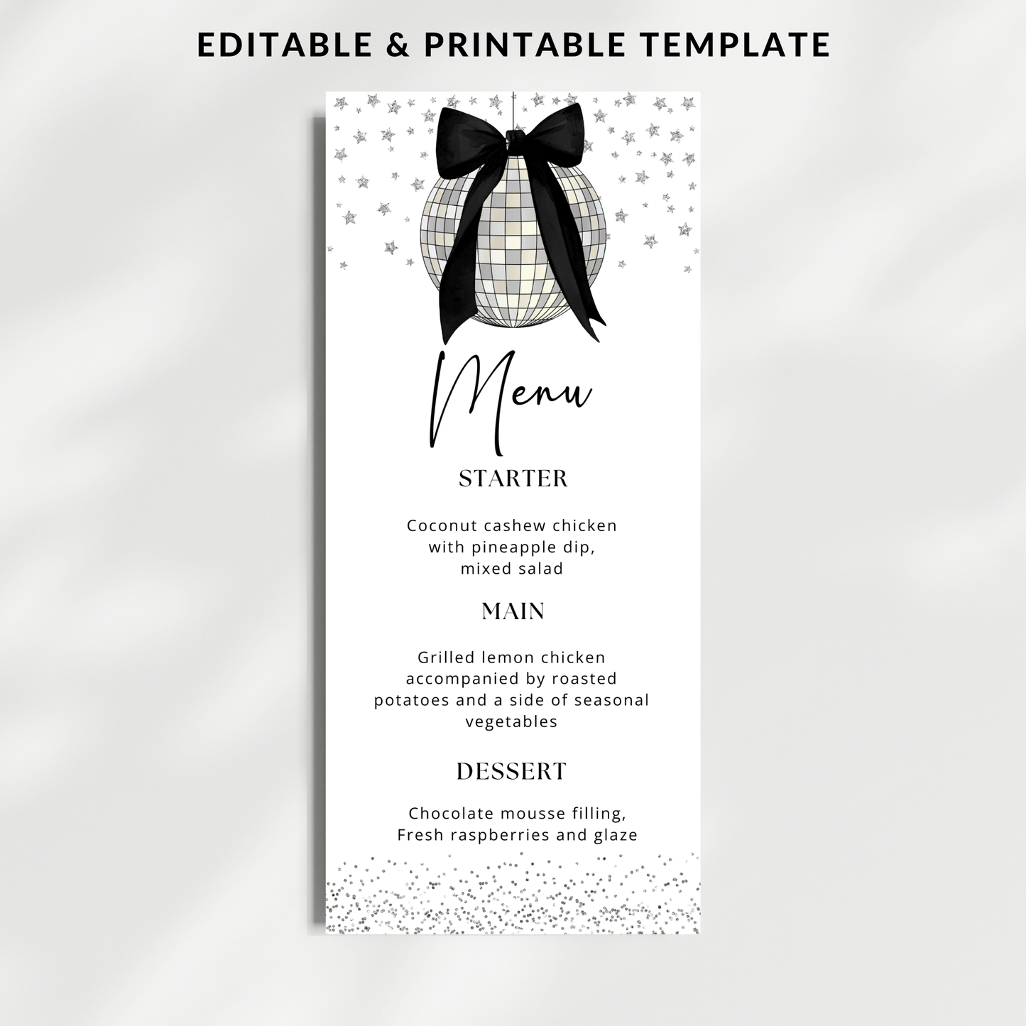 Printable Silver Disco Ball with Black Bow Menu Card