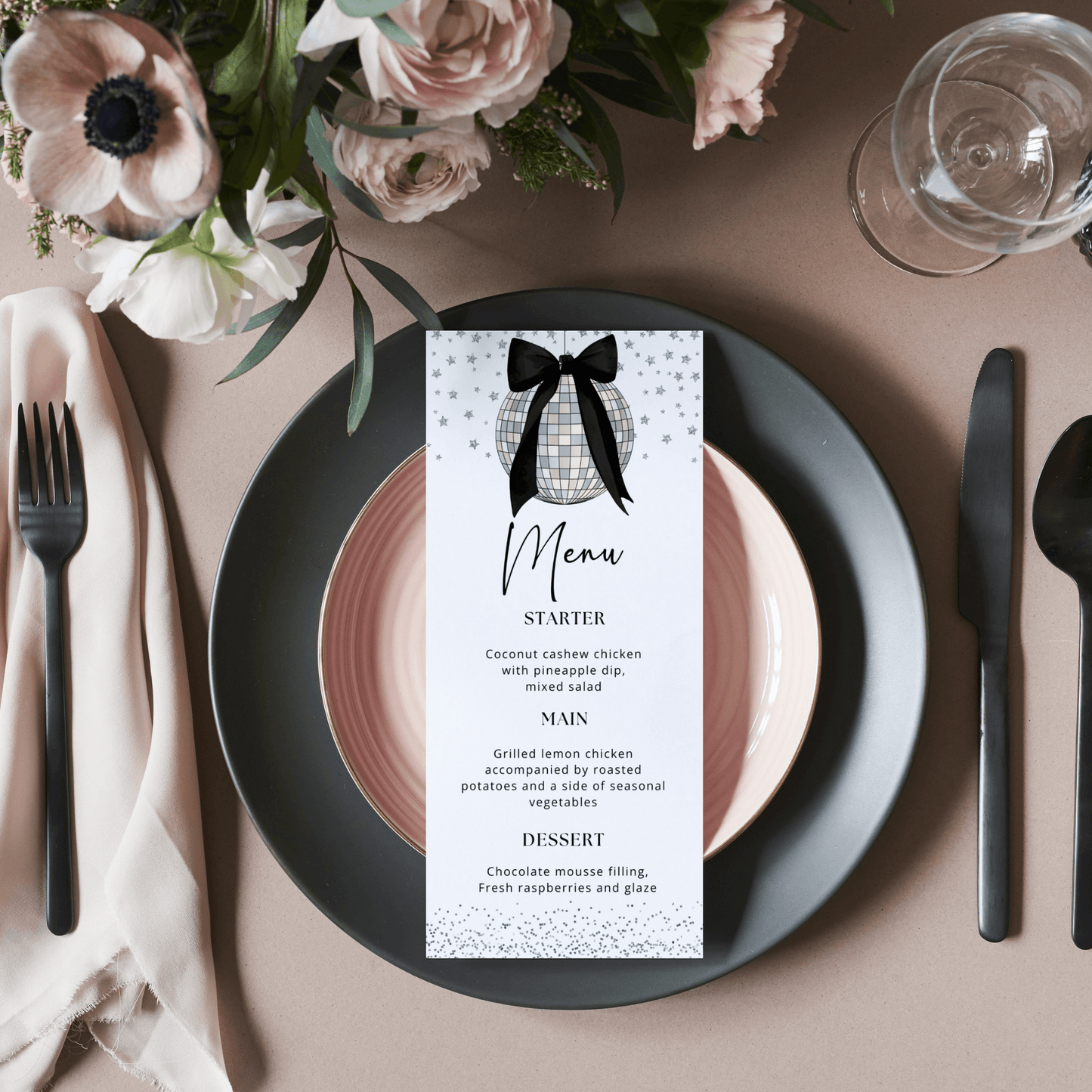 Elegant Coquette Bow & Disco Ball Menu Card