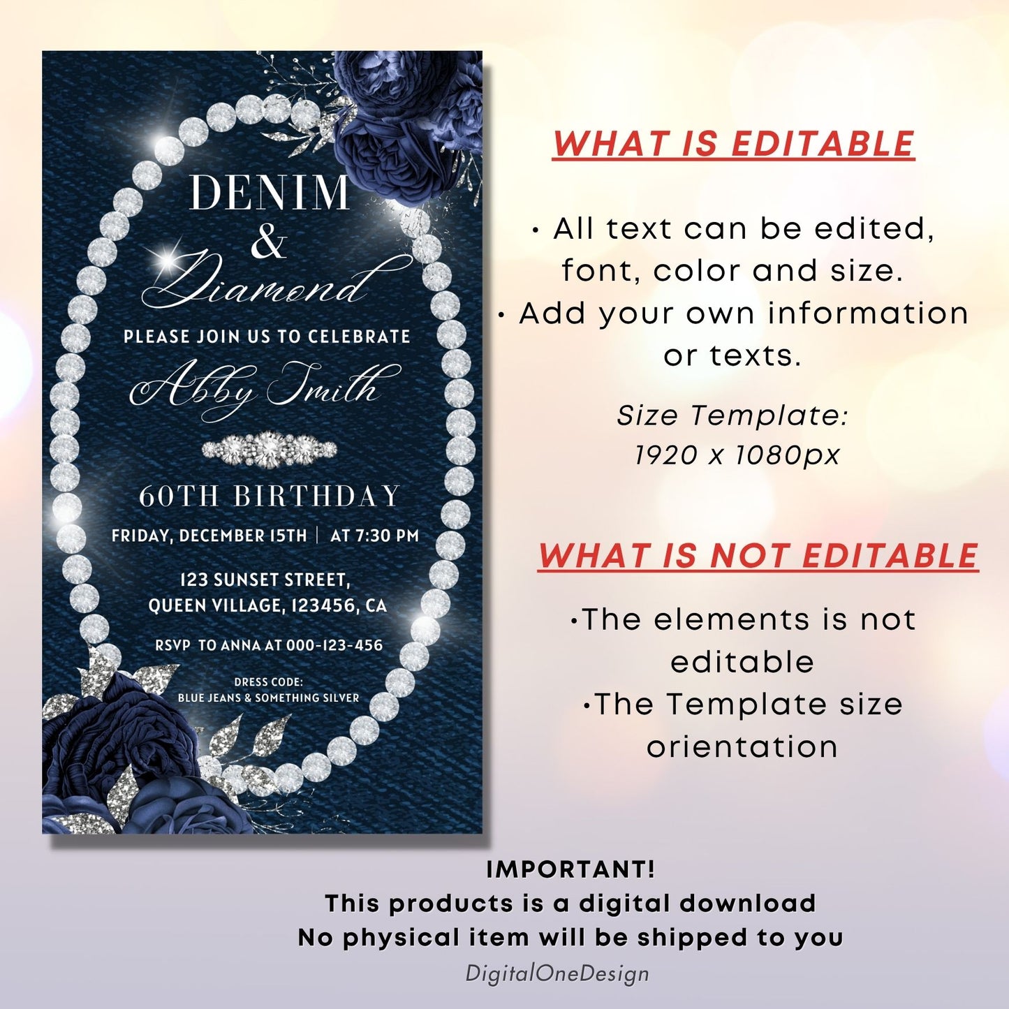 Editable Denim and Diamonds Birthday Invitation