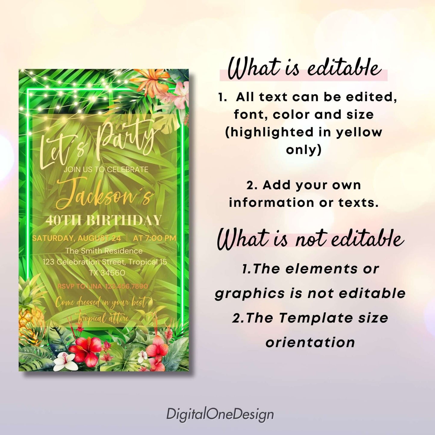 Editable Tropical Birthday Party Invitation