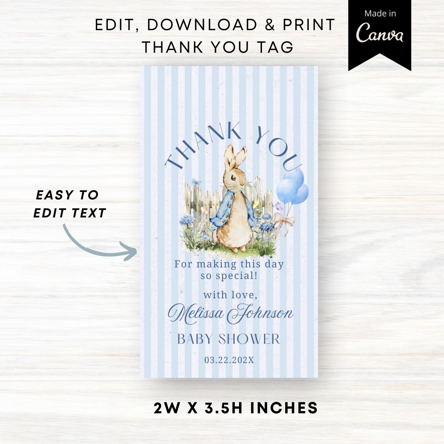 Baby shower thank you tag with Peter Rabbit design on a striped background