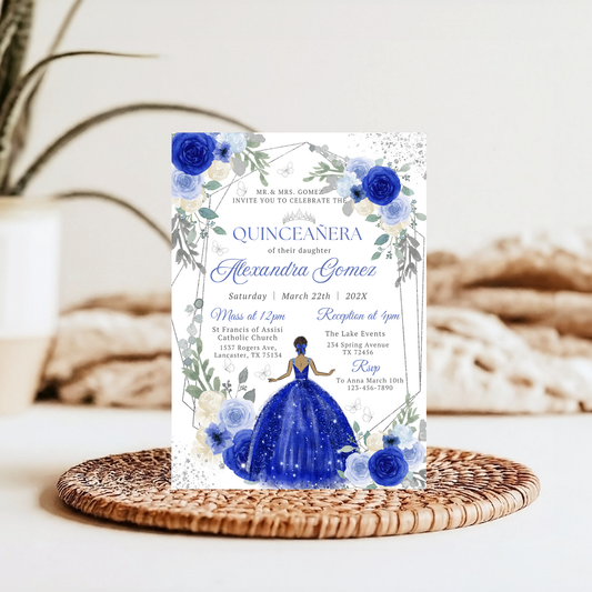 Quinceanera invitation with Royal blue dress and floral design on a woven mat.