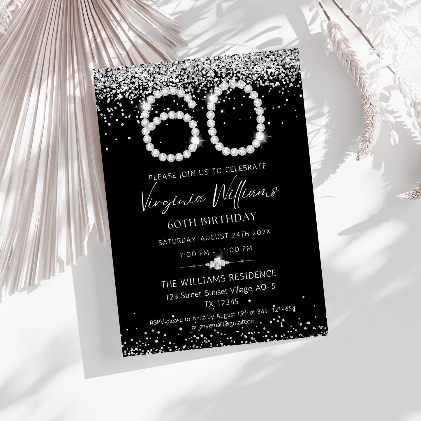 Elegant black and silver 60th birthday invitation