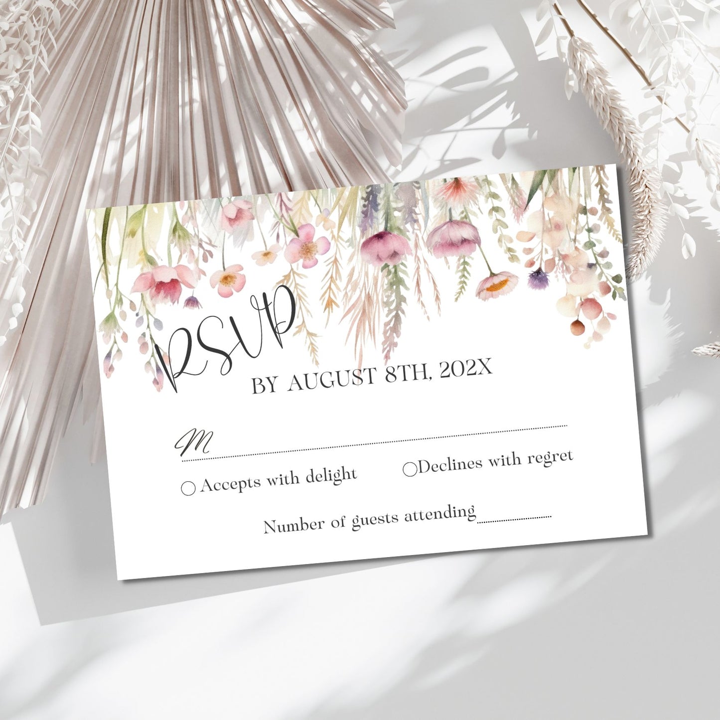 Watercolor Wildflower RSVP card with decorative elements on a white background