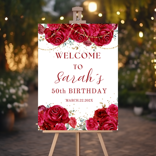 Editable Elegant Red Roses Birthday Party Welcome Sign featuring red roses and elegant font for a 50th birthday celebration