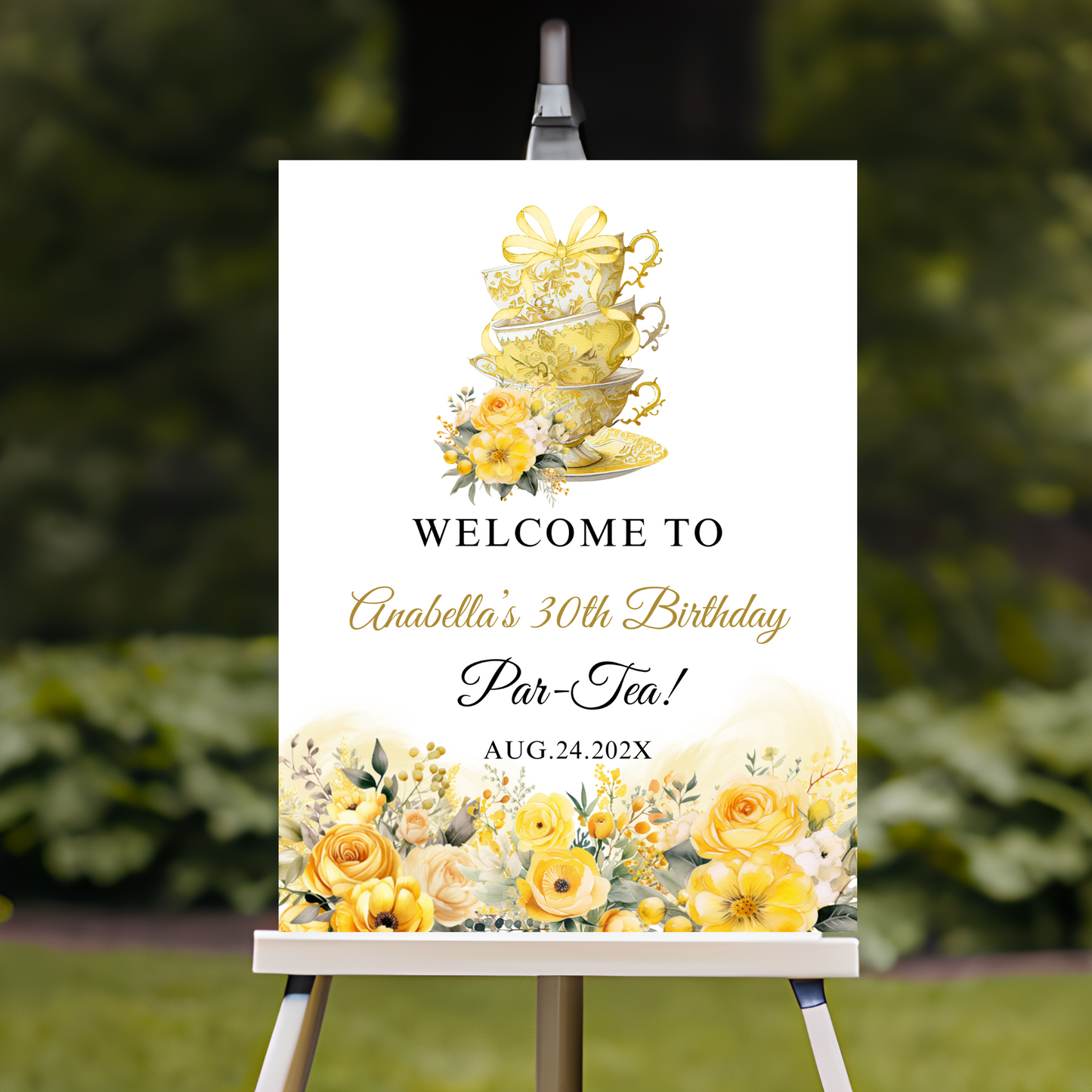 Welcome sign for a tea party birthday celebration with yellow flowers and teacups on a white background.