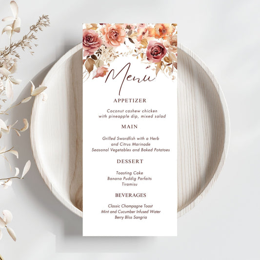 Editable Autumn Menu card with floral design on a white plate with decorative elements