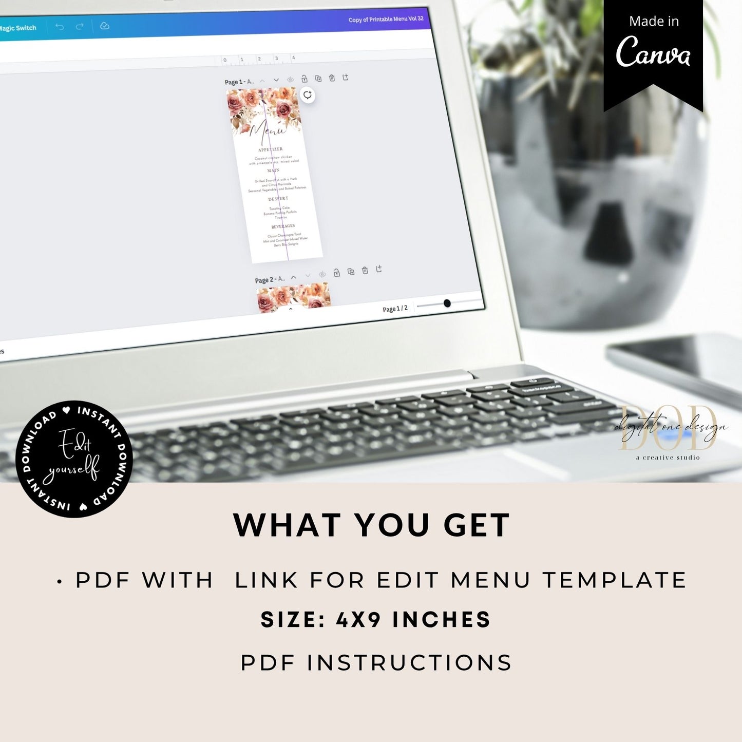 Laptop displaying a design on Canva with text about product details.