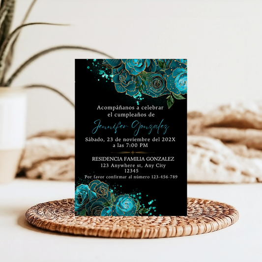 Elegant Spanish Teal Floral Birthday Invitation