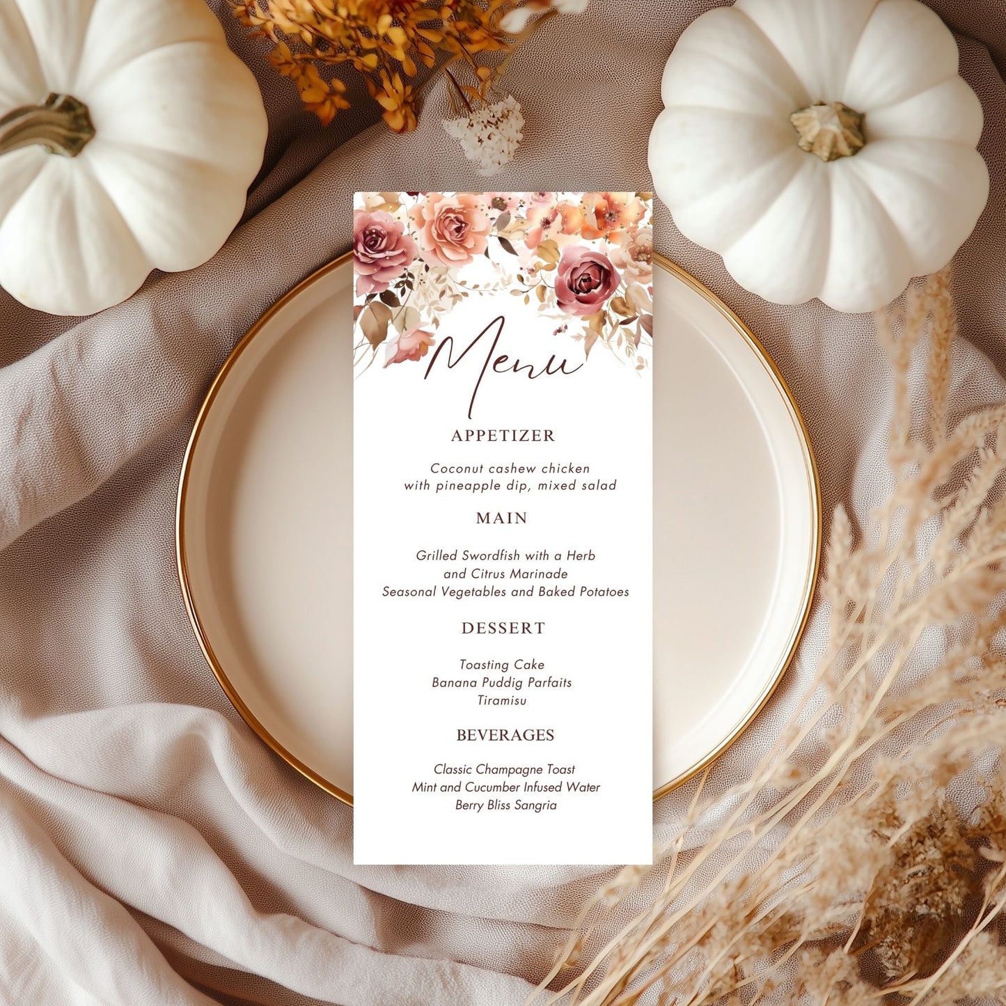Menu card with Burgundy Pink floral design on a plate surrounded by pumpkins and flowers