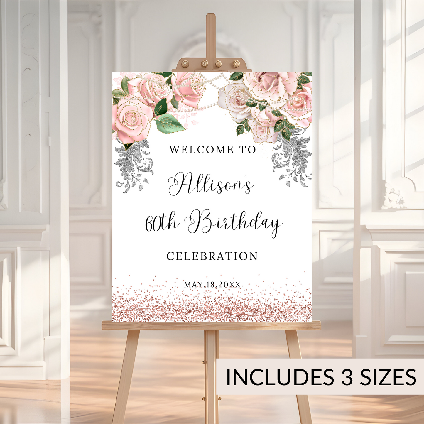Floral Welcome Sign Template with Rose Gold & Pearls