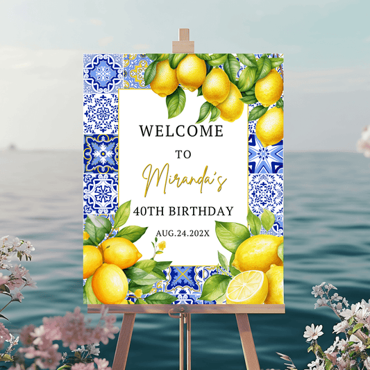 Editable Mediterranean Blue Tile & Citrus Lemons Poster