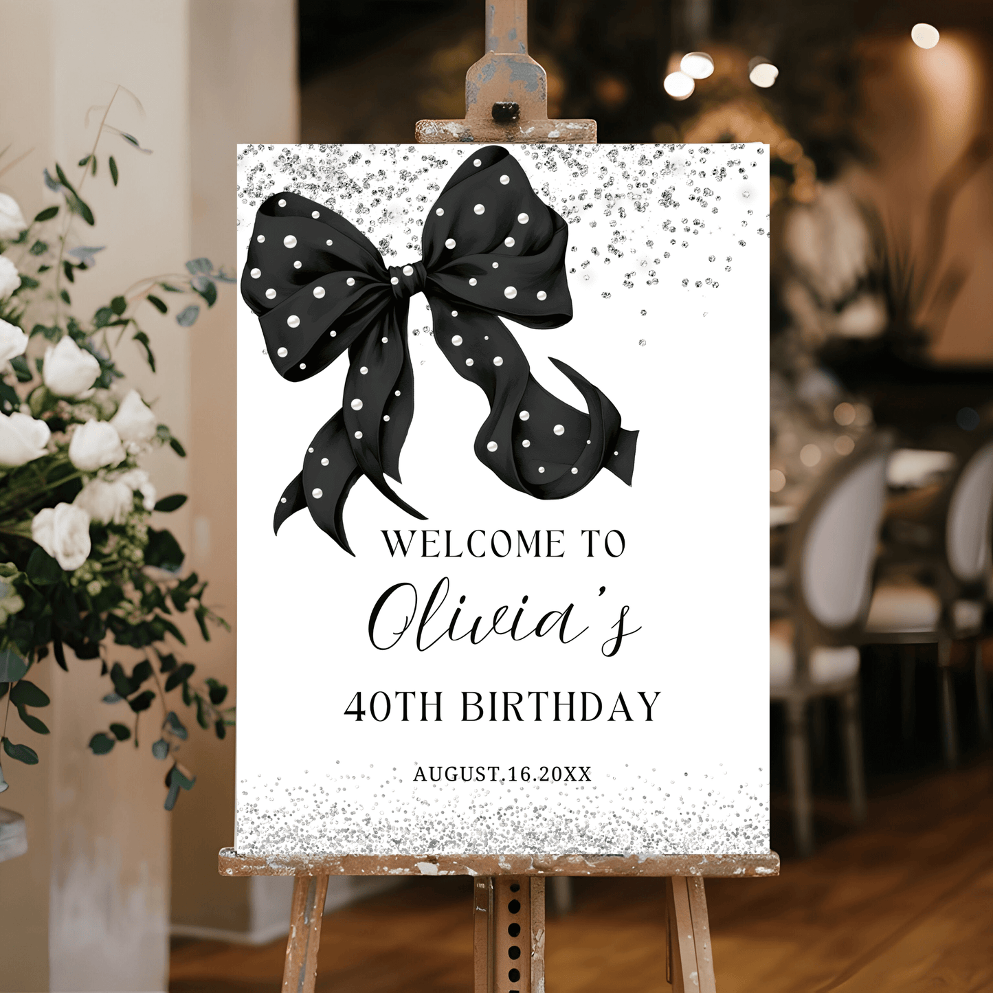 Elegant Black Bow & Pearls Welcome Sign Template