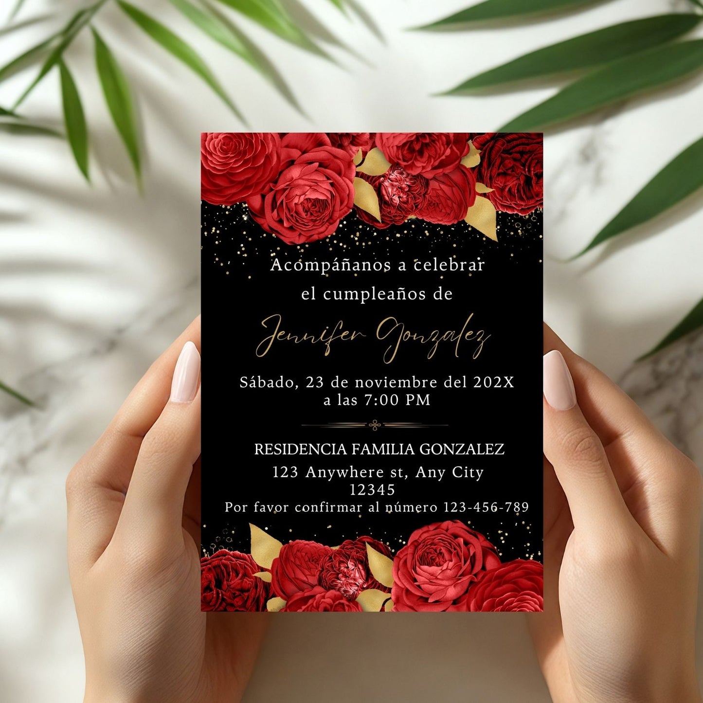 Spanish Red Floral Birthday Invitation Template
