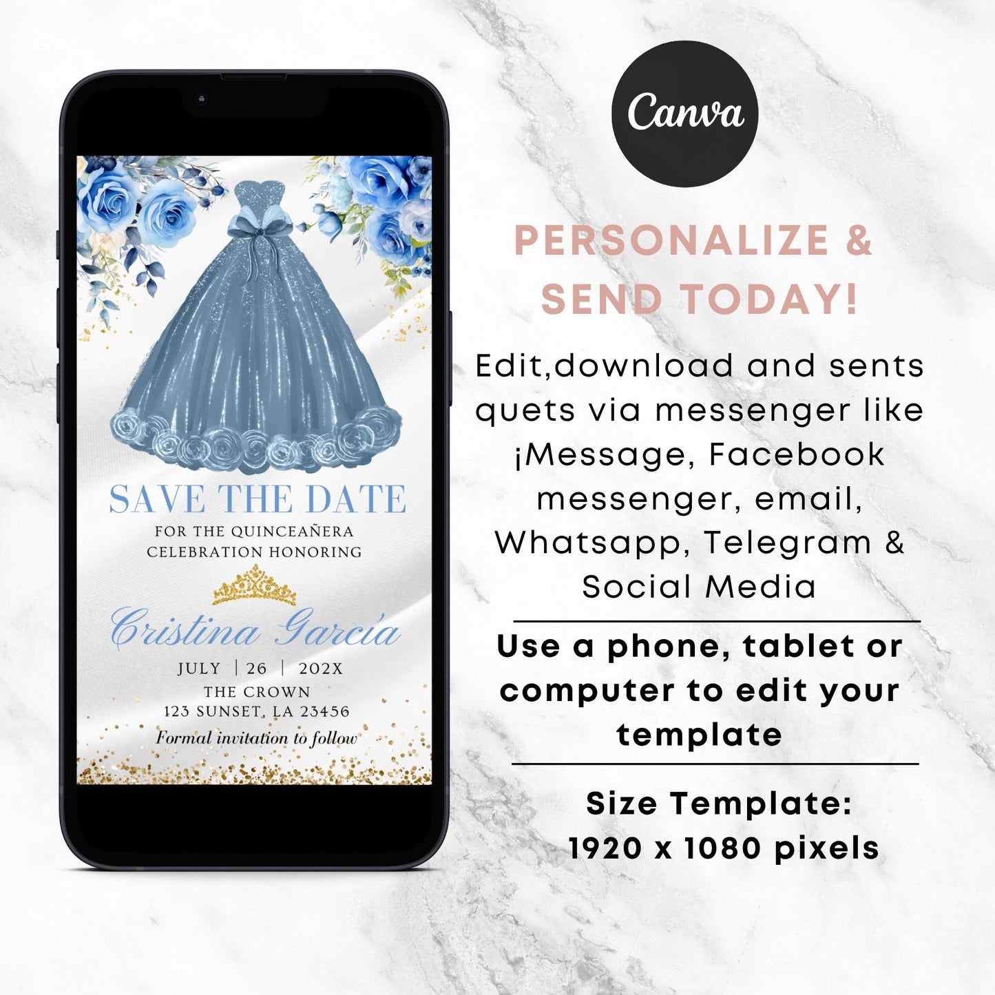 Phone displaying a 'Save the Date' invitation for a quinceañera with Dusty blue dress and flowers on a white background.
