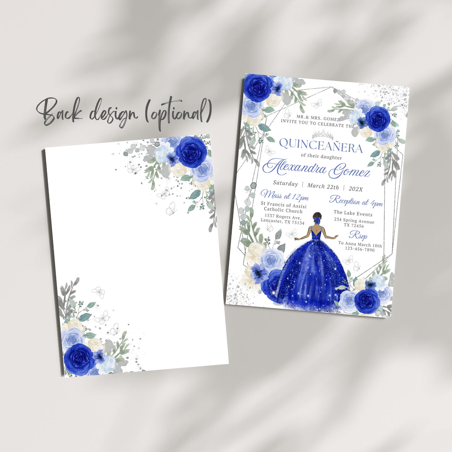 Quinceanera invitation with blue dress and floral design on a gray background