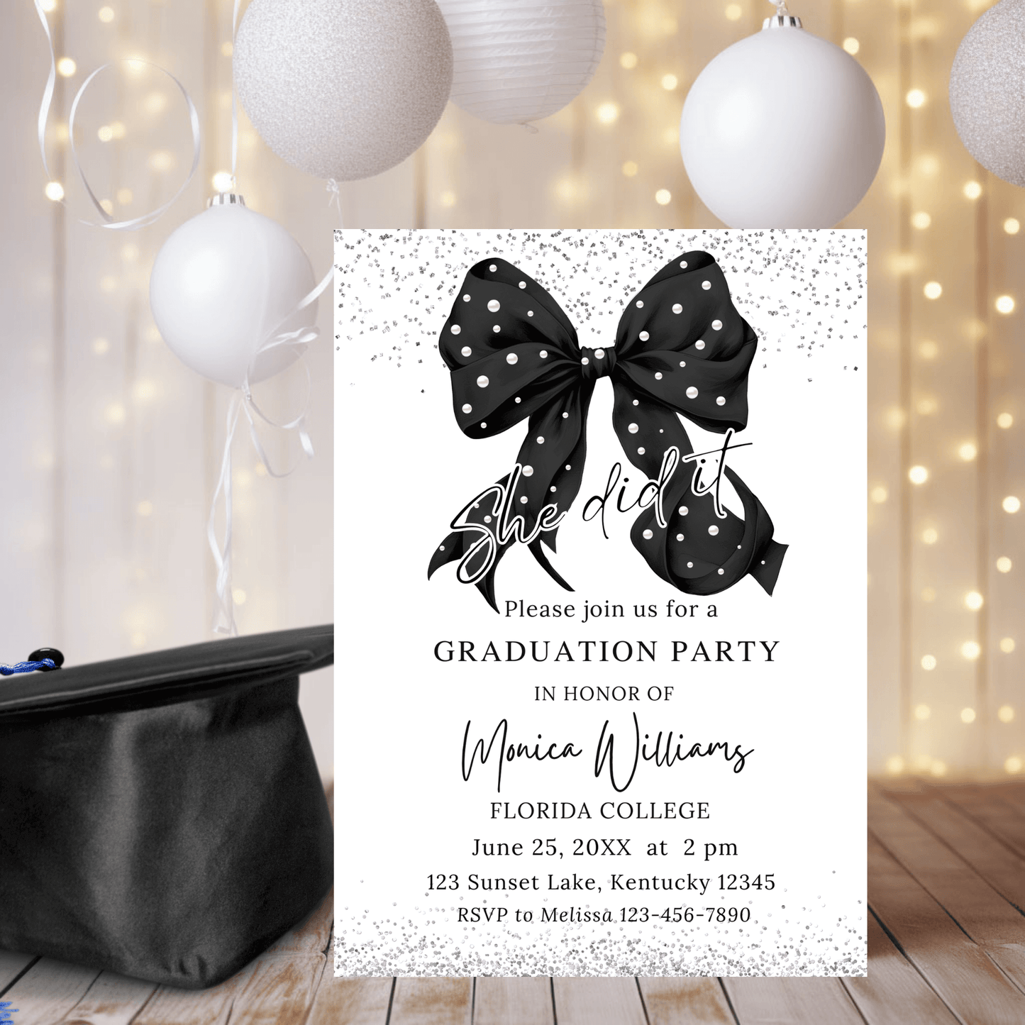 Elegant Black Bow and Pearls Graduation Party Invite template