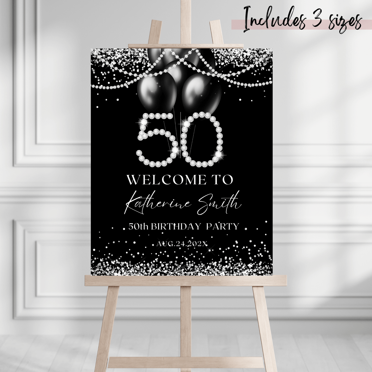 50th birthday sign with black balloons and glitter silver