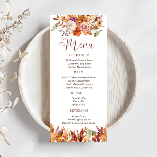 Autumn Menu card with autumn-themed design on a white plate with decorative elements.
