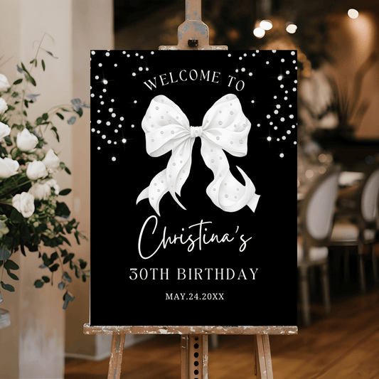 Customizable White & Diamonds Bow Welcome Sign Template