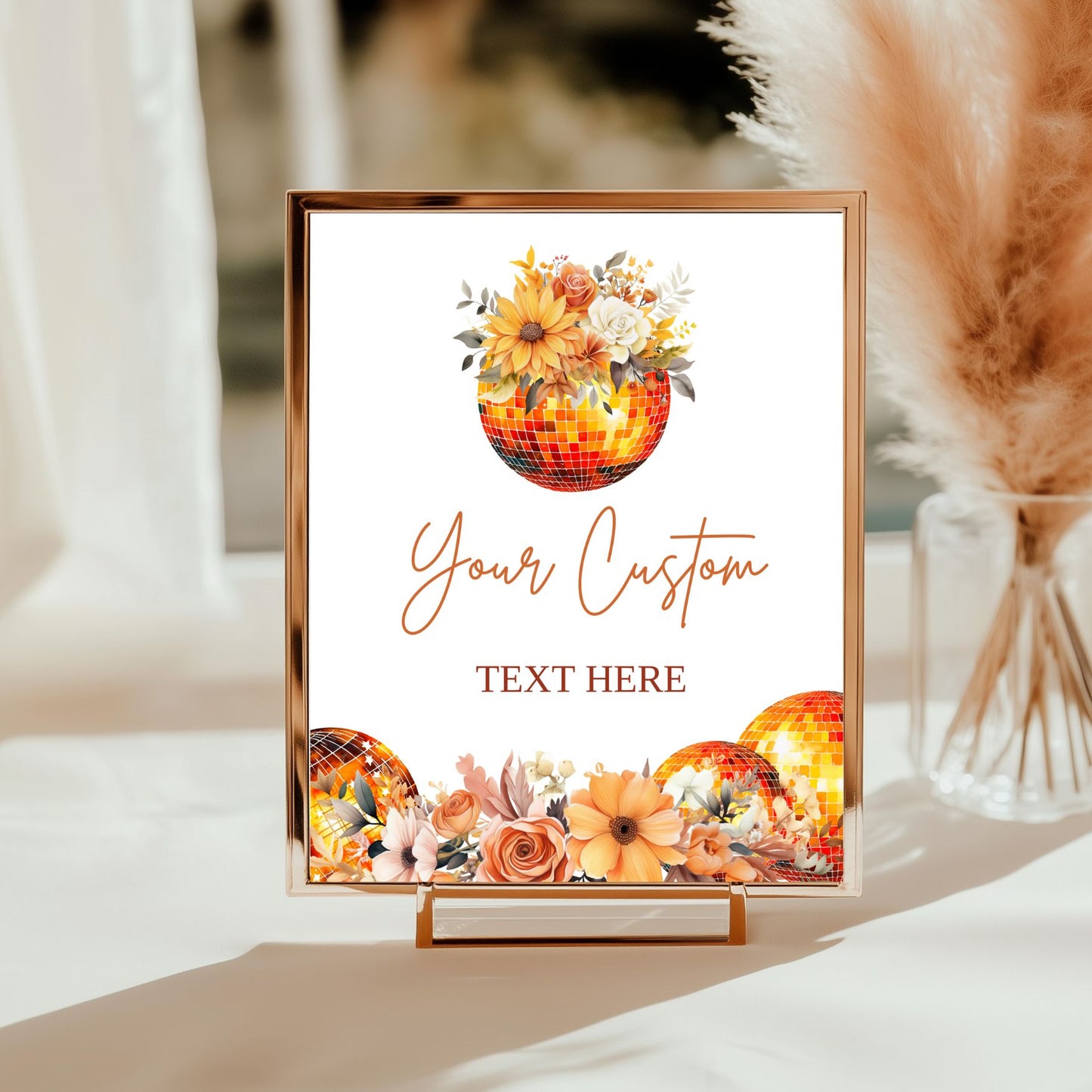 Decorative frame with Orange floral & disco ball editable sign and customizable text on a soft background