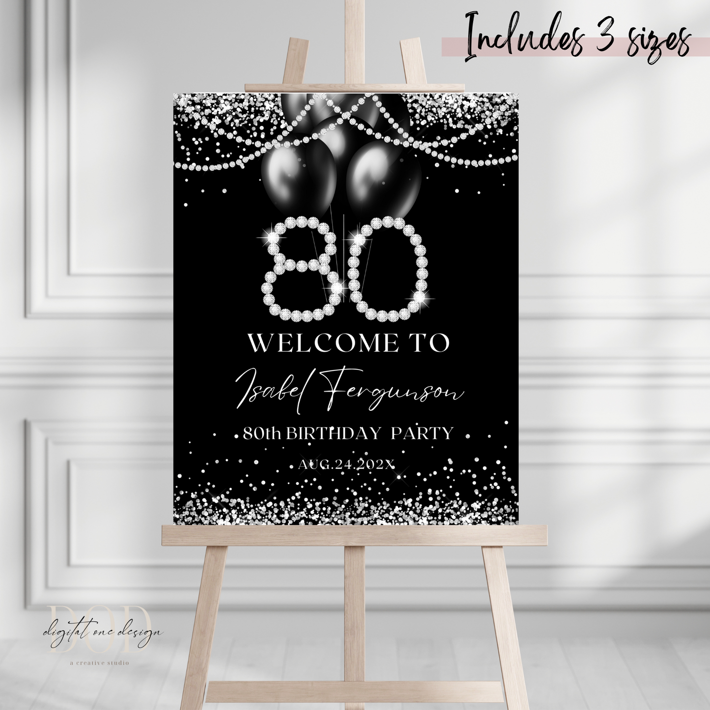 Elegant 80th Birthday Welcome Sign Template with black, silver diamonds, and balloons for celebration.