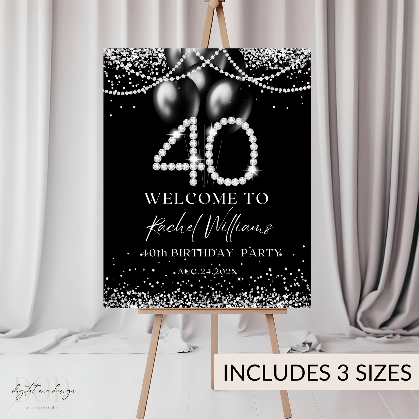 Elegant 40th Birthday Welcome Sign, Silver Diamonds Theme Party Decor, Silver Diamonds 40th Birthday Entryway Decor, Luxury Birthday Poster