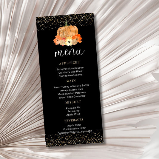 Halloween-themed menu card with pumpkin design on a textured white background