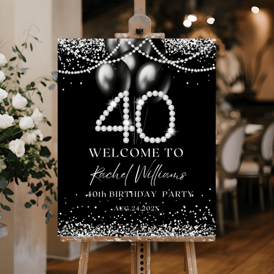 Black & Silver 40th Birthday Welcome sign
