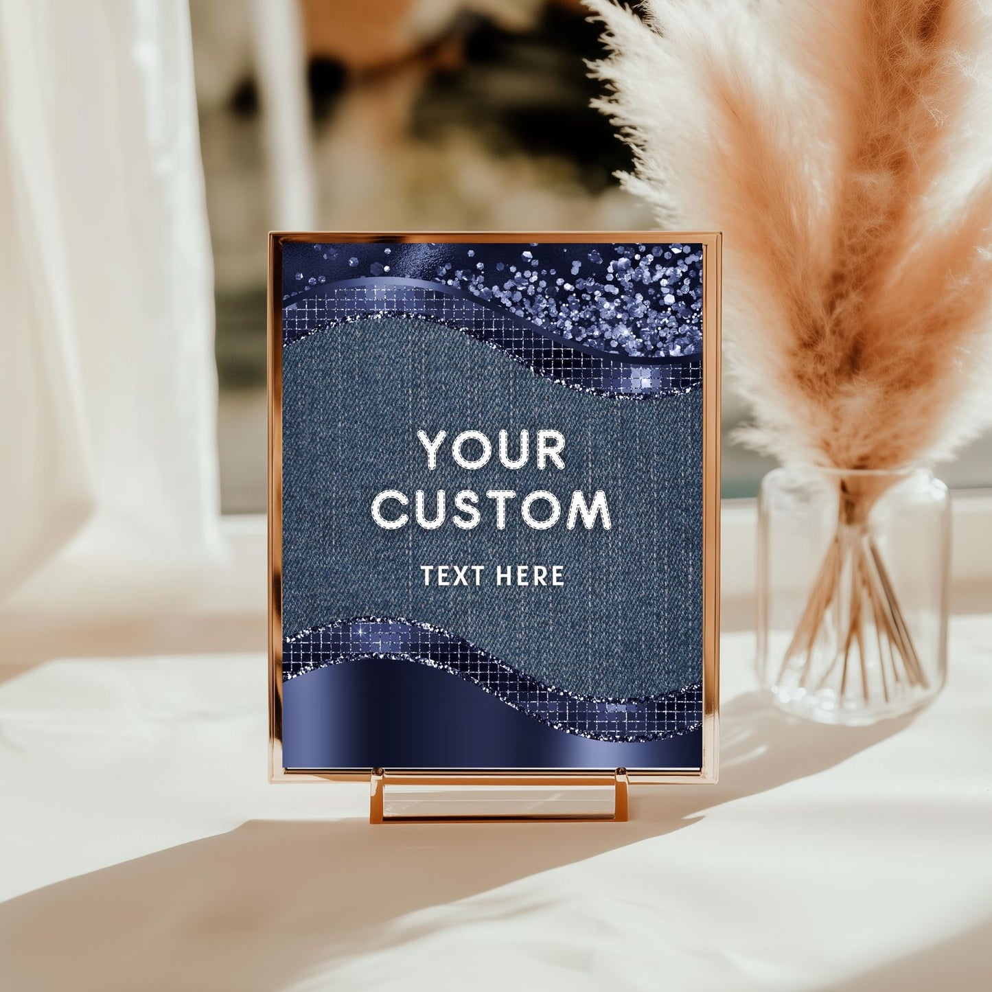 Framed decorative sign with customizable text denim sign on a blurred background