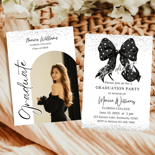 Editable Black Bow Pearls Graduation Invitation with Photo