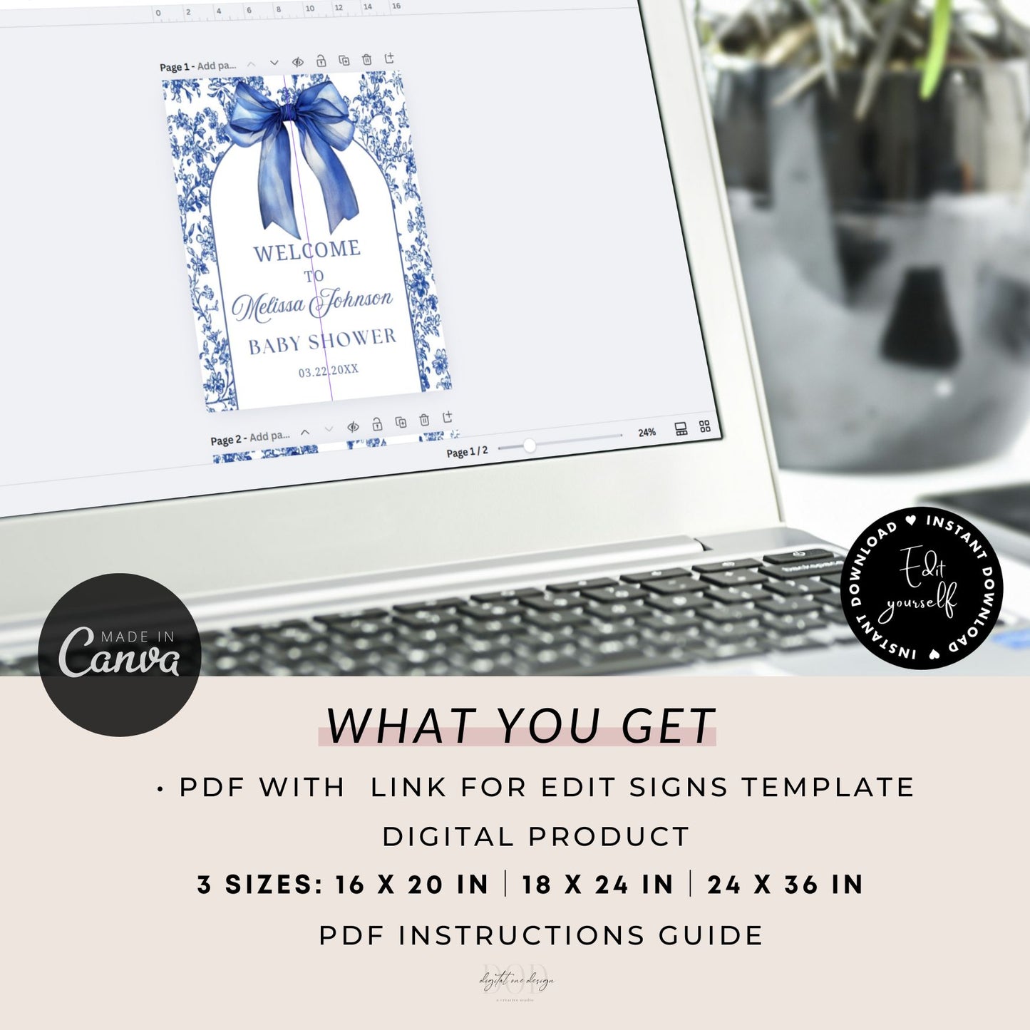 Laptop displaying a baby shower sign template with product details below.