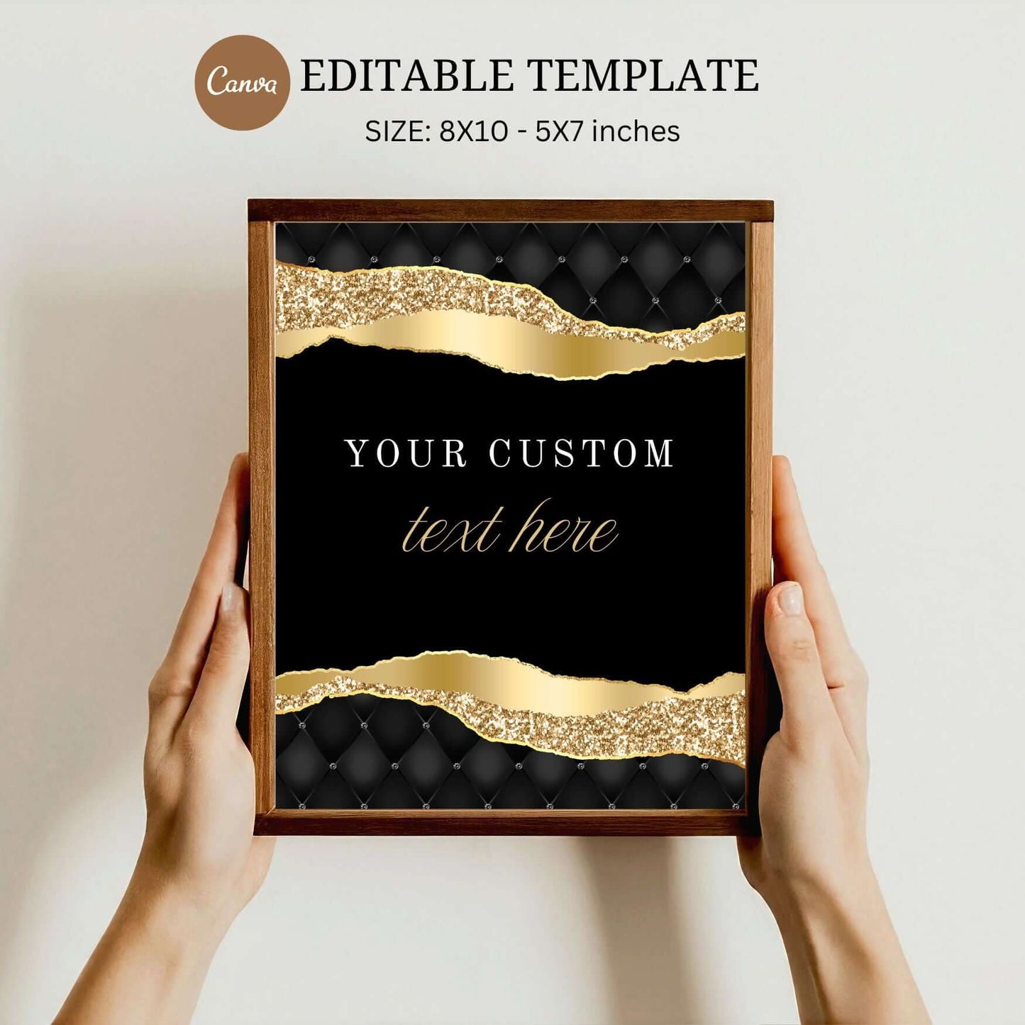 Editable black and gold party sign template for custom text in chic luxurious design, size 8x10 and 5x7.