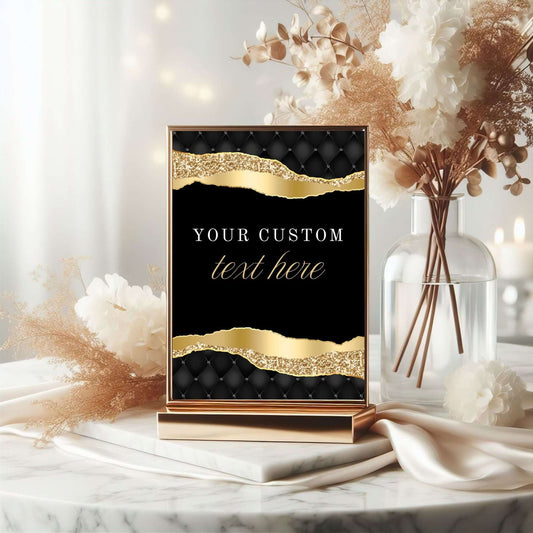 Chic Editable Black and Gold Party Sign on Table, Customizable Decor for Celebrations, Elegant Birthday Party Sign.