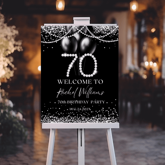 Black and Silver 70th Birthday Party Welcome Sign