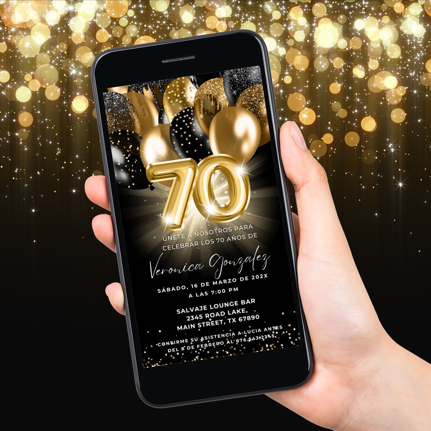 Spanish 70th Birthday Party Invitation on smartphone with black and gold balloons and glitter background.