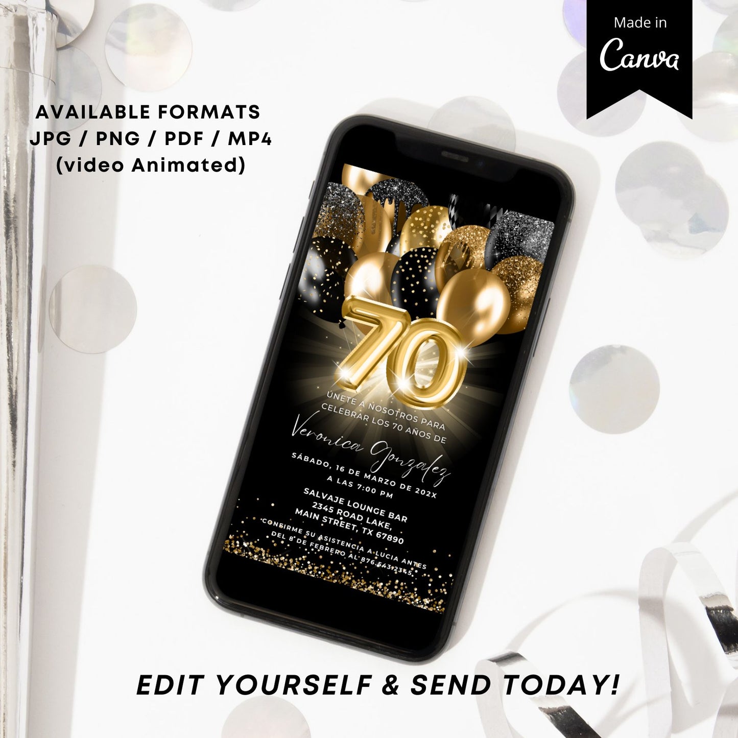 Editable Spanish 70th Birthday Party Invitation on phone with black and gold balloons design.