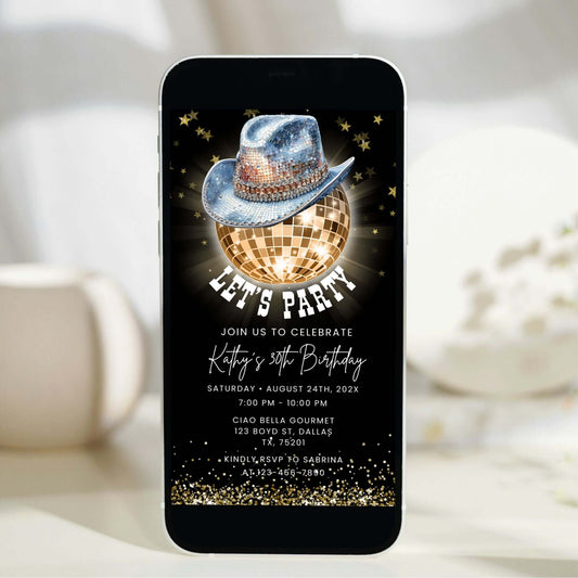 Blue Hat Western Disco Party Invitation
