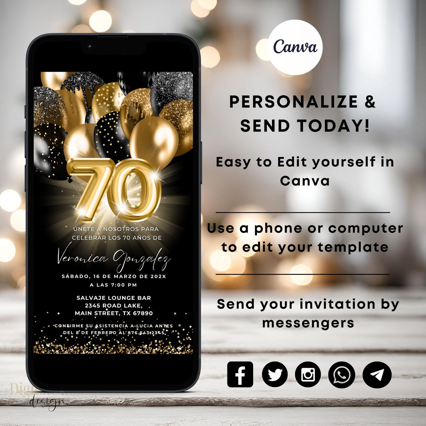 Editable Spanish 70th Birthday Party Invitation on mobile, featuring black gold balloons and RSVP details.