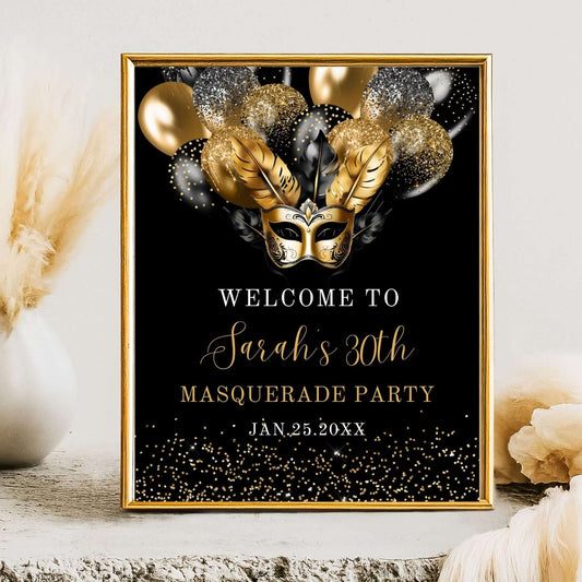 Welcome sign for a black and gold masquerade party, featuring a gold mask and decorative balloons.
