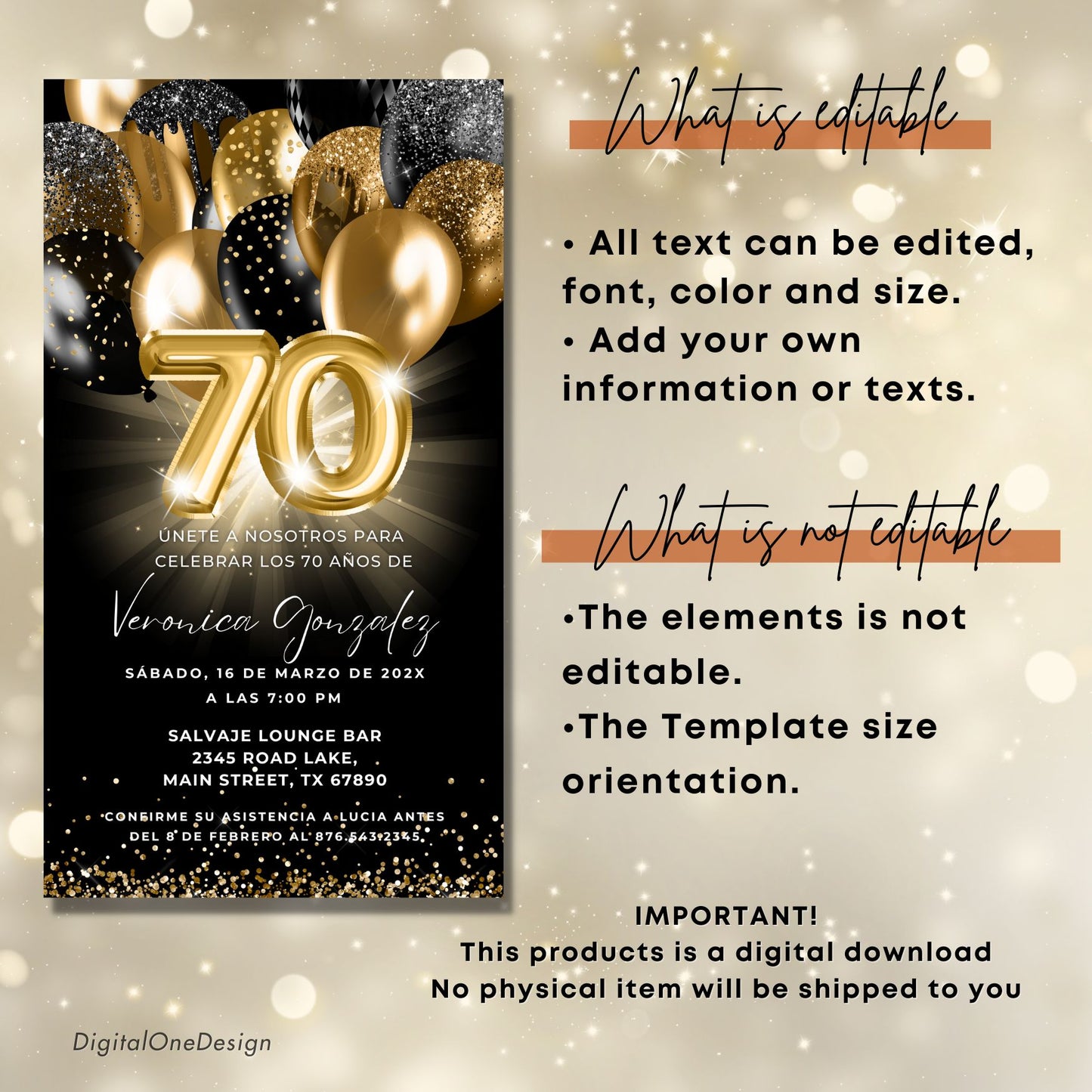 Spanish 70th Birthday Party Invitation with editable text, featuring black and gold balloons for a memorable celebration.