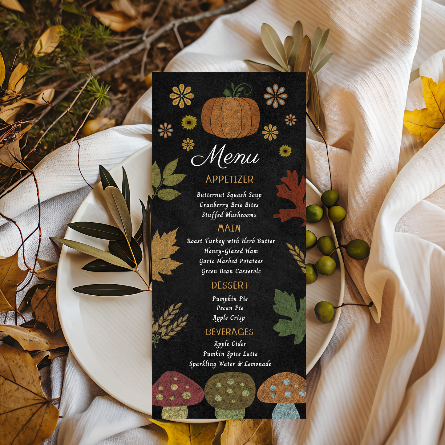 Thanksgiving Menu card with autumn-themed design on a table setting with leaves and a white cloth.