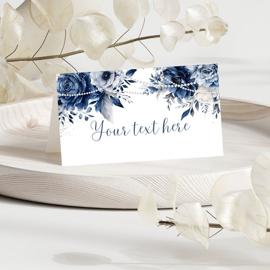 Blue Floral and pearls design card with placeholder text on a decorative background