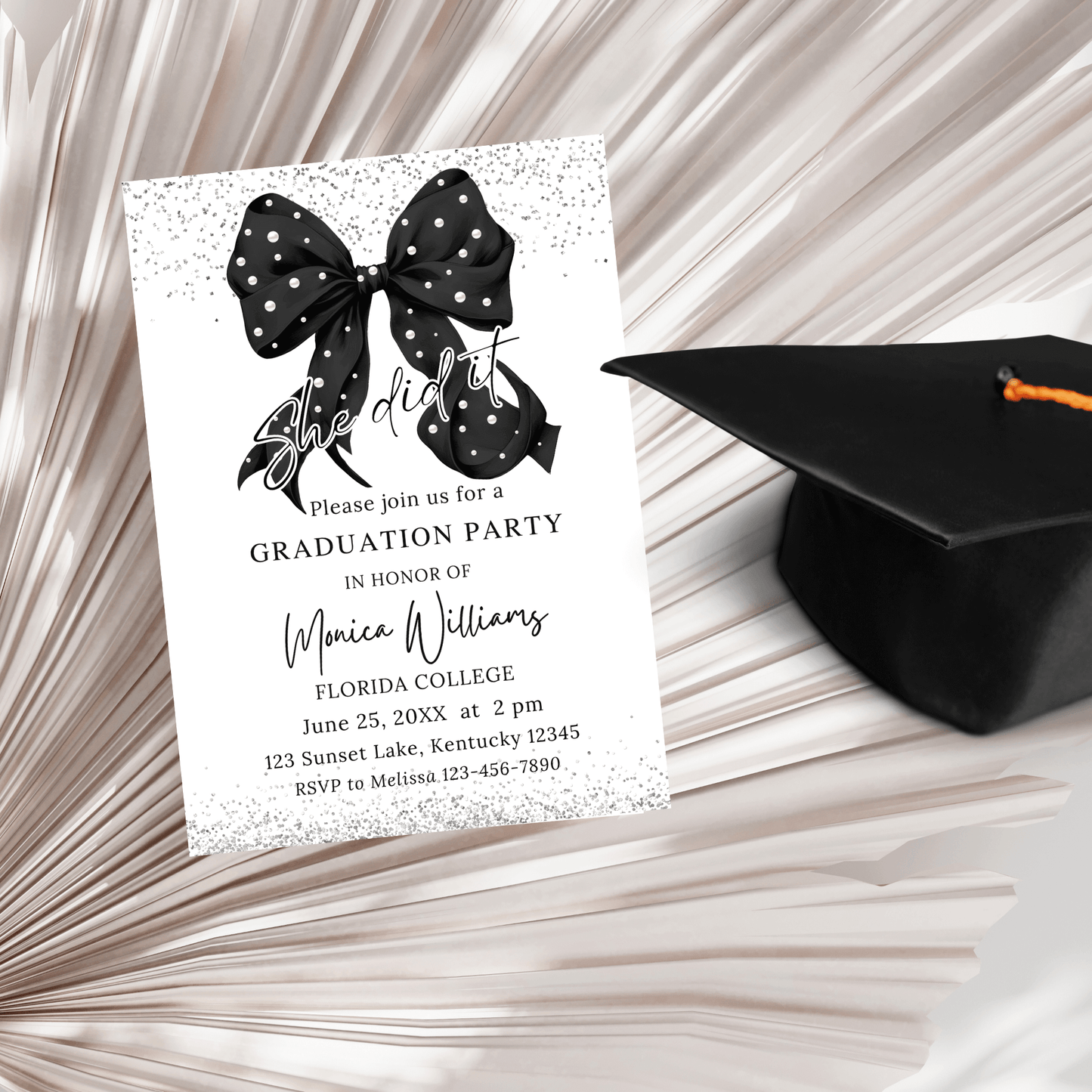 she did it Black and pearls Bow Graduation Invitation